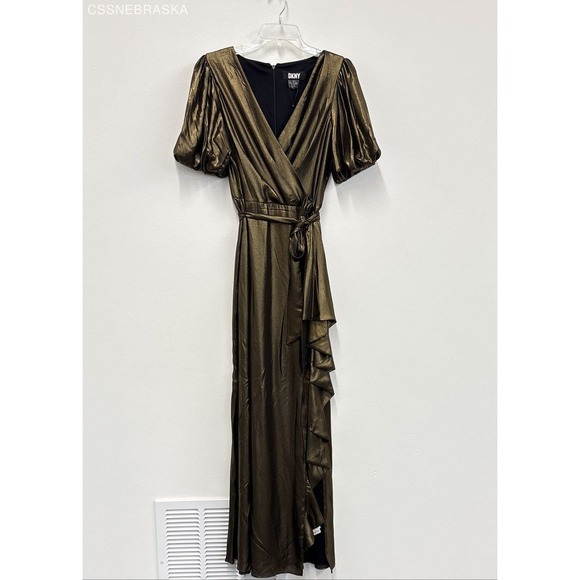 Dkny Dresses & Skirts - DKNY Gold/Brown NWT DKNY Women's Foil Chiffon Ruffle Skirt V-Neck Dress -Size 12